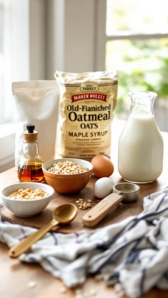 Ingredients for baked oatmeal cups neatly arranged on a wooden kitchen counter in natural lighting