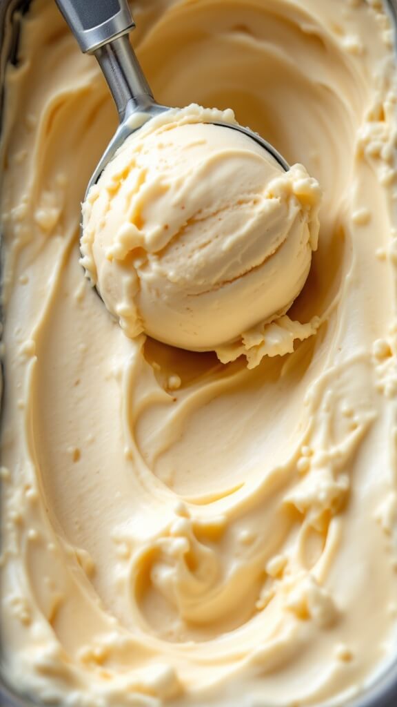 Protein Ice Cream Recipe: Creamy, High-Protein Frozen Treat 8 Overhead view of a final scoop of protein banana ice cream, showcasing its creamy texture and natural color