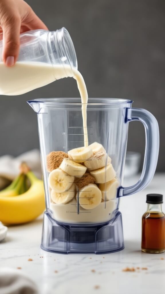 Protein Ice Cream Recipe: Creamy, High-Protein Frozen Treat 5 Almond milk pouring into blender with frozen bananas and protein powder, vanilla extract bottle on the side