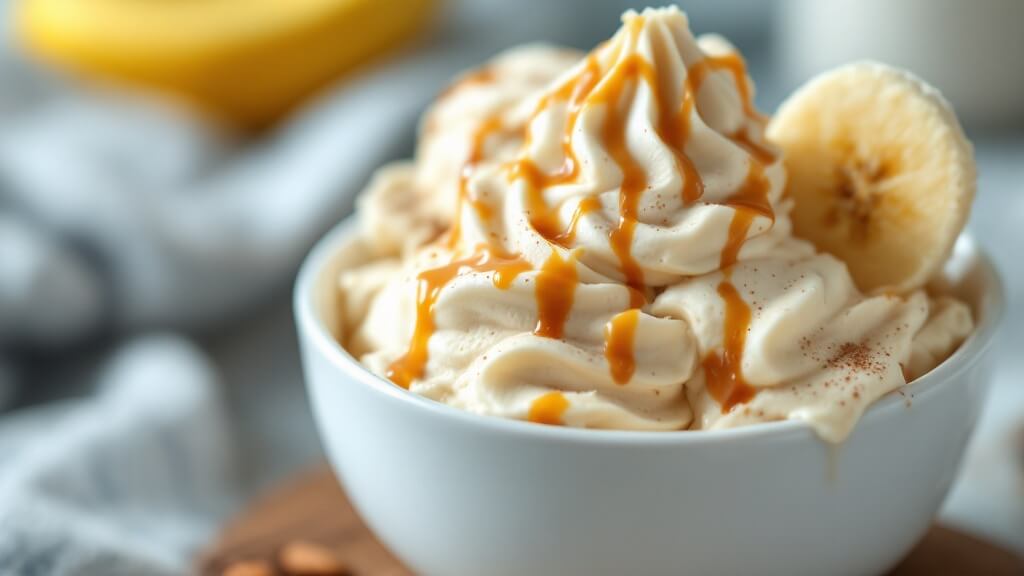 Protein Ice Cream Recipe: Creamy, High-Protein Frozen Treat 2 "close-up shot of creamy protein banana ice cream in a white ceramic bowl, garnished with banana slice, dusted with protein powder, and drizzled with almond butter"