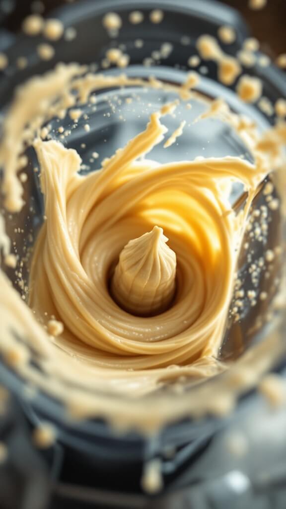 Protein Ice Cream Recipe: Creamy, High-Protein Frozen Treat 6 High-powered blender processing a creamy banana-protein mixture with visible swirls and vortex, displaying the transformation to smooth consistency