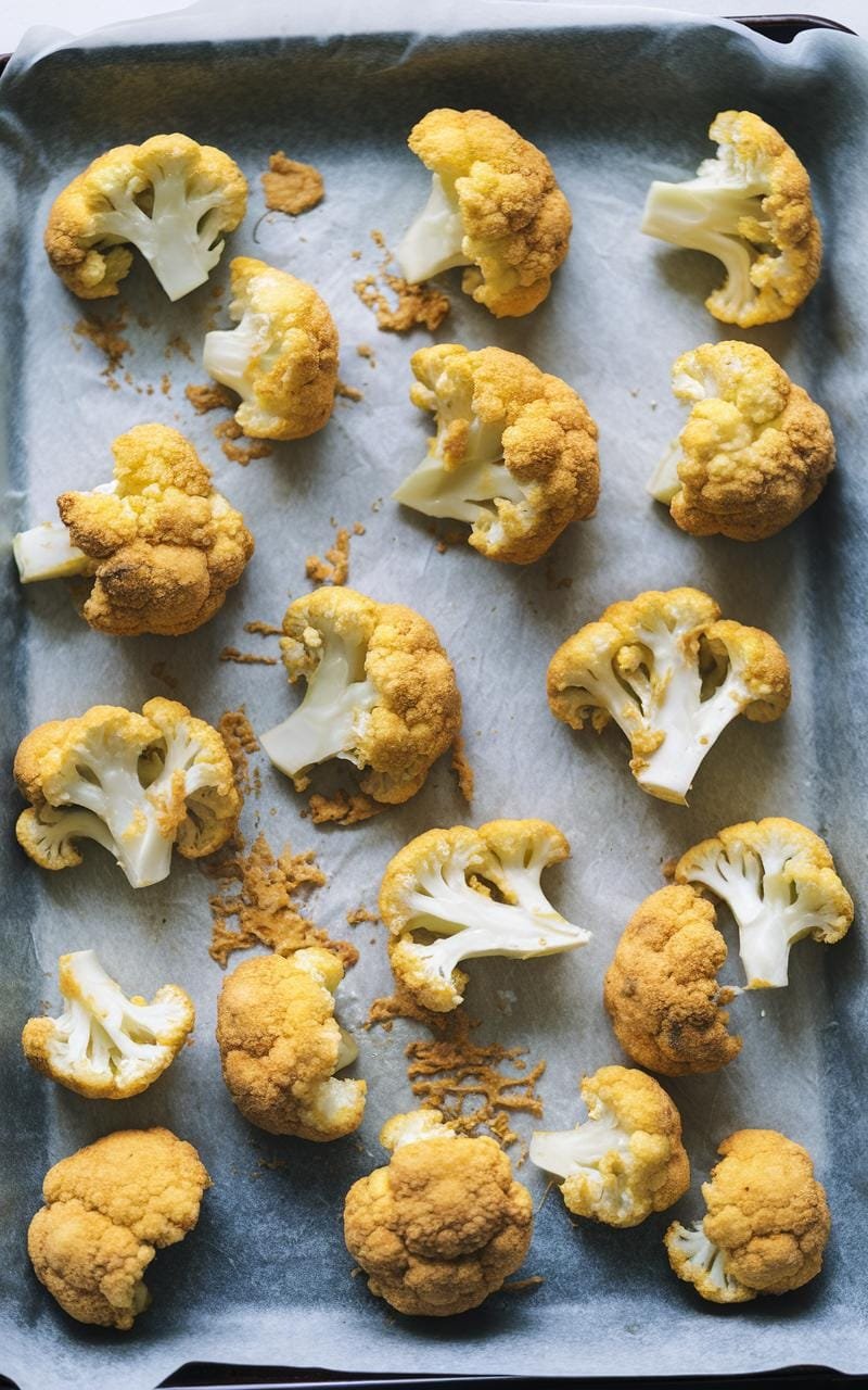 Buffalo Cauliflower Wings: Crispy, Spicy, And Surprisingly Healthy! 8 Battered cauliflower florets on baking sheet ready for baking