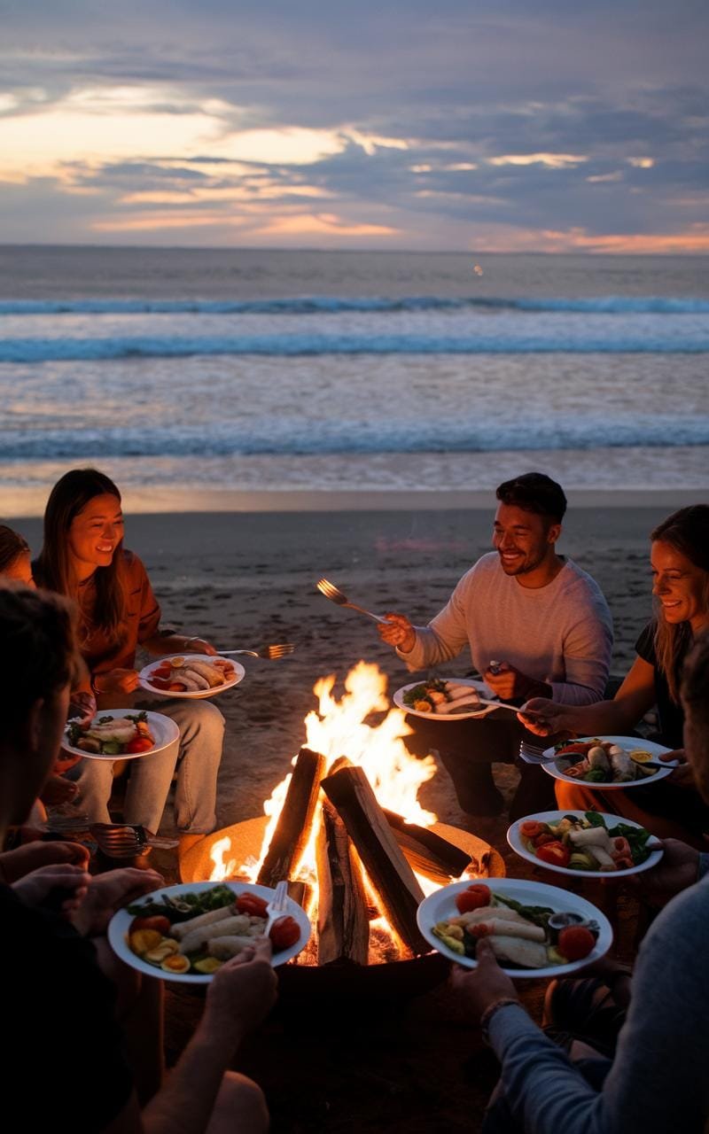 A group of friends relaxing by a fire pit on a calm beach at dusk, eating plates of cod and vegetables while watching the ocean waves.
