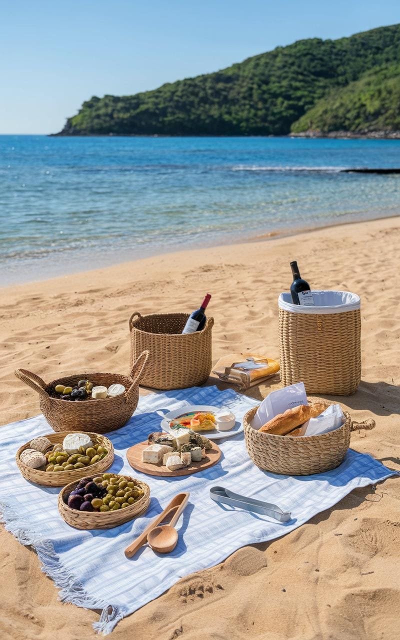 Mediterranean Quinoa Bowl: A Vibrant, Protein-Packed Meal 5 A group enjoying a mediterranean-themed picnic on a sunny beach with clear blue waters in the background.