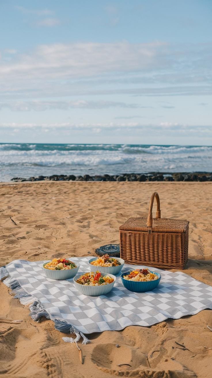 Chickpea Pasta Salad: A Mediterranean-Inspired Delight 8 A beachside picnic on golden sand features a checkered blanket with a wicker basket, bowls of colorful pasta salad, and waves crashing in the background.