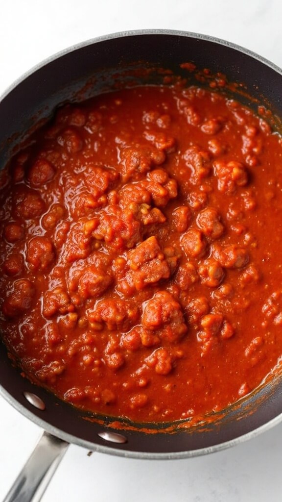 Simmering meat sauce in a skillet with tomato paste and beef stock reducing, showcasing a thick, glossy texture as it bubbles