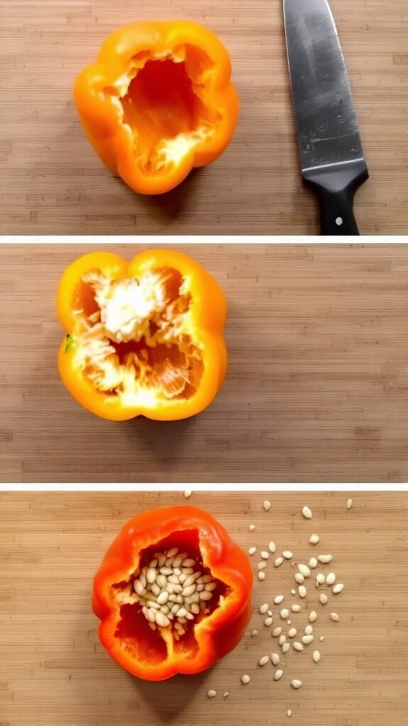 Quinoa Stuffed Peppers (Vegetarian &Amp; Gluten-Free) 6 Progression of bell pepper preparation on wooden cutting board with whole, halved, cleaned peppers, a sharp knife, and discarded seeds