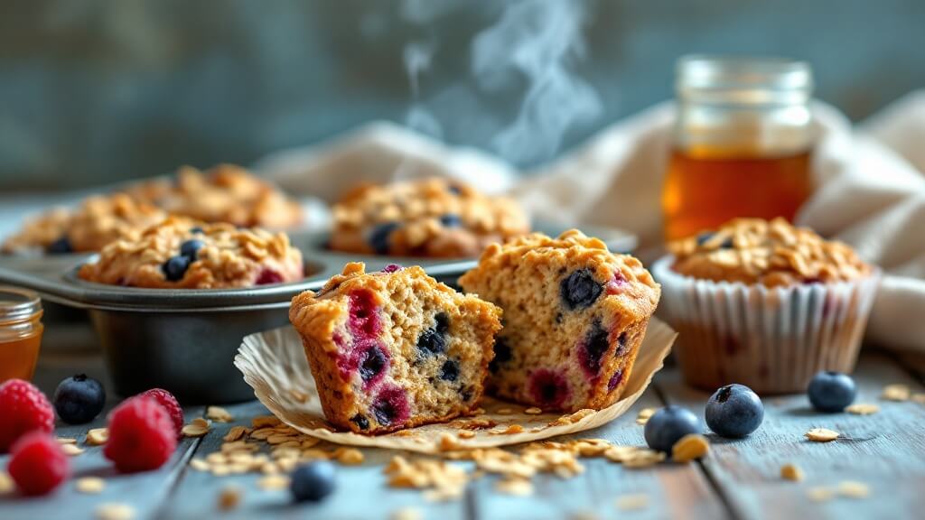 "golden-brown baked oatmeal cups with vibrant berries in a rustic muffin tin, steam rising gently, under natural morning light on a weathered wooden surface decorated with fresh berries, maple syrup, and oats"