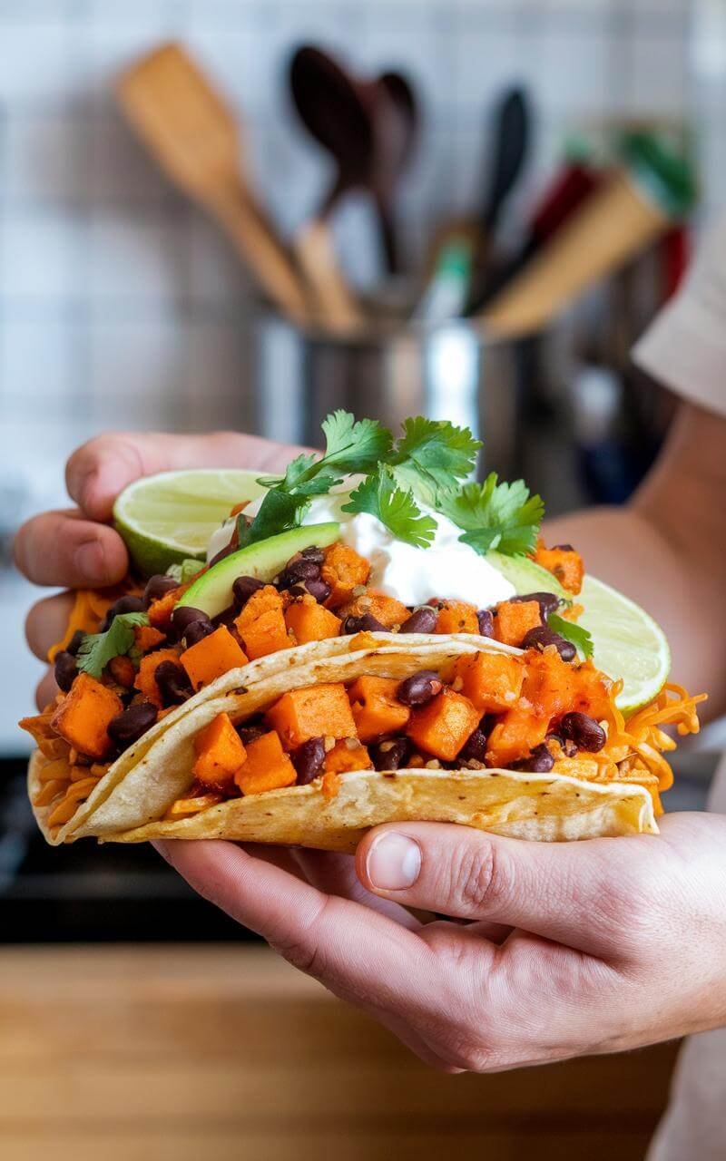 Black Bean And Sweet Potato Tacos: A Fiesta In Your Mouth! 3 A person biting into a loaded sweet potato and black bean taco with toppings spilling out