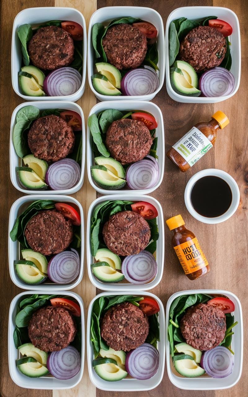 Bison Burger Bowl: A Quick, Healthy, And Delicious Low-Carb Meal 4 Meal prep scene with several containers holding portioned ingredients for bison burger bowls, neatly arranged for the week.