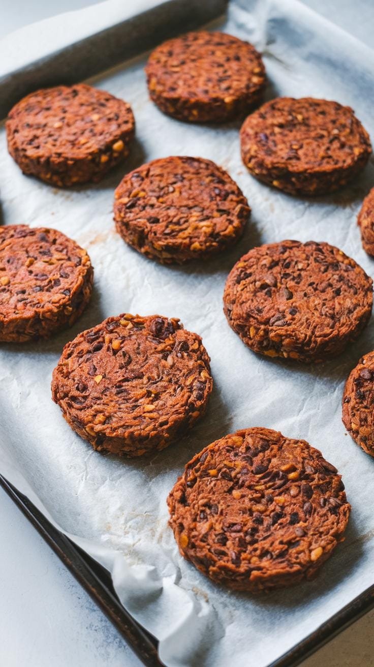 Uncooked black bean burger patties arranged on a parchment-lined baking sheet, ready for baking.