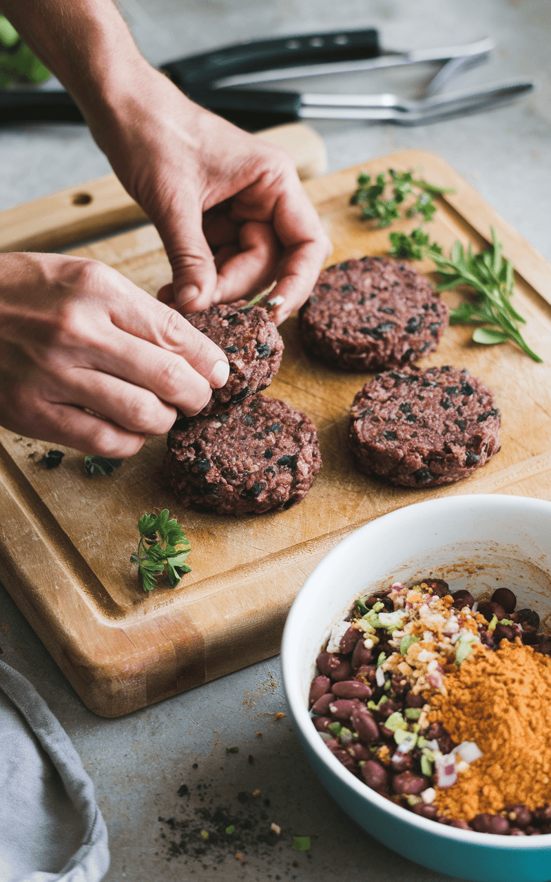 Hands shaping black bean patties on a wooden cutting board, with a bowl of black bean mixture beside them.
