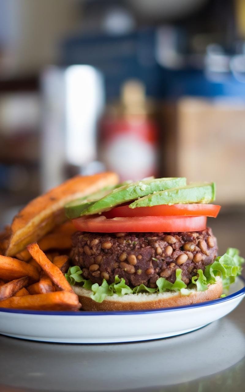 Black bean burger with lettuce and tomato on a bun, served with sweet potato fries on the side.