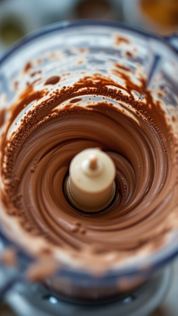 Protein Coffee Smoothie 7 High-powered blender in motion creating a vortex with a chocolate-brown mixture, displayed with movement blur.