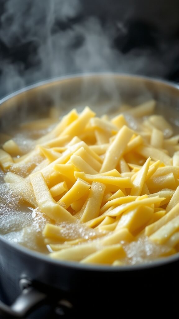 Crispy Jicama Fries (Low-Carb, Keto-Friendly) 5 Julienned jicama fries boiling in a steaming pot of water with kitchen timer set at 12 minutes