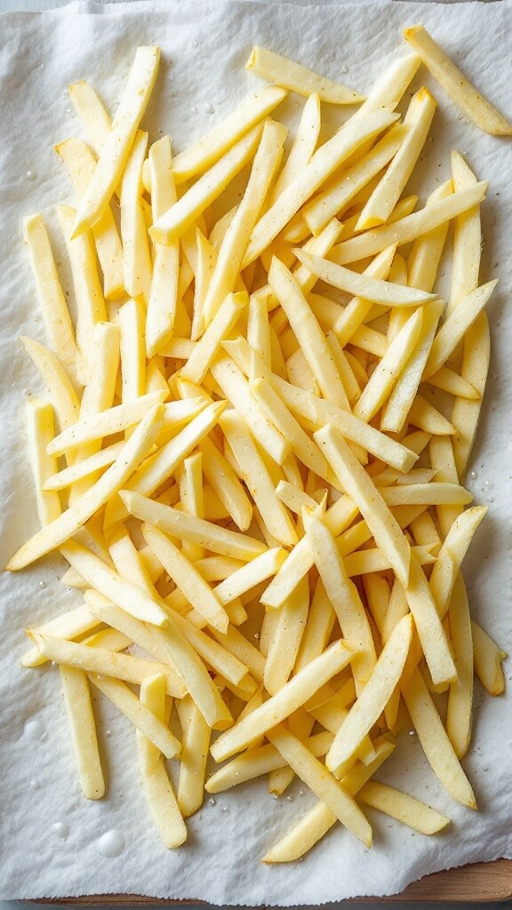 Crispy Jicama Fries (Low-Carb, Keto-Friendly) 6 Birds-eye view of freshly boiled jicama fries drying on paper towels