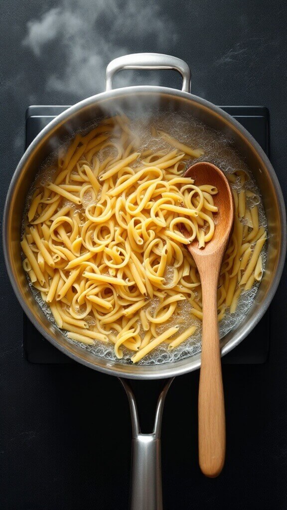 Pasta boiling in a large stainless steel pot with steam rising and a wooden spoon on the edge, set on a dark countertop