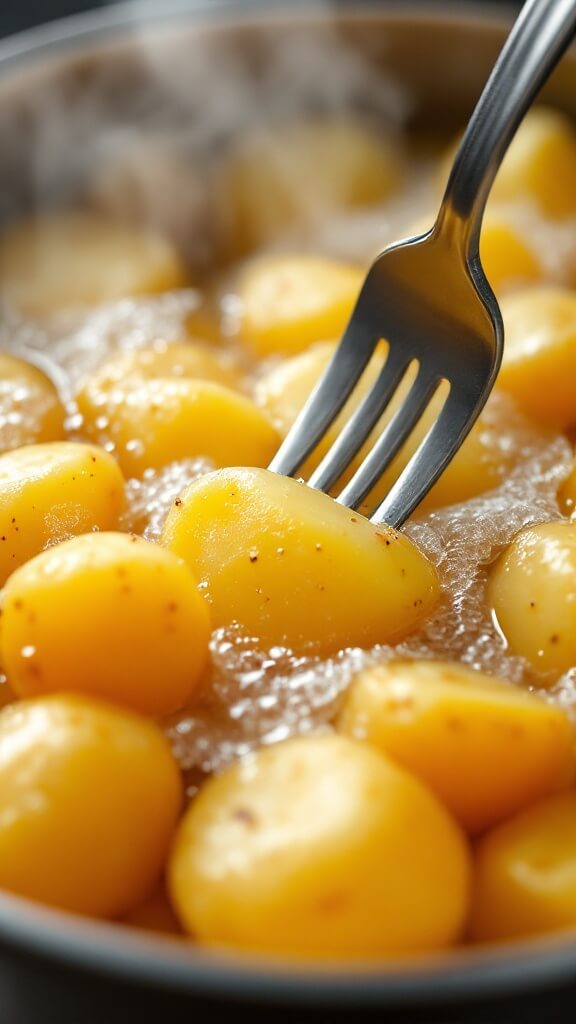 Creamy Cottage Cheese Mashed Potatoes 4 Golden potatoes boiling in a stainless steel pot with rising bubbles and steam, fork testing their tenderness