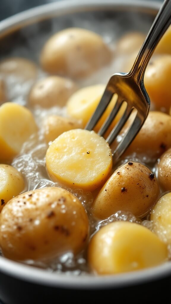 Close-up shot of peeled russet potatoes boiling in a large pot with visible steam and bubbles, showing the tenderness of potatoes