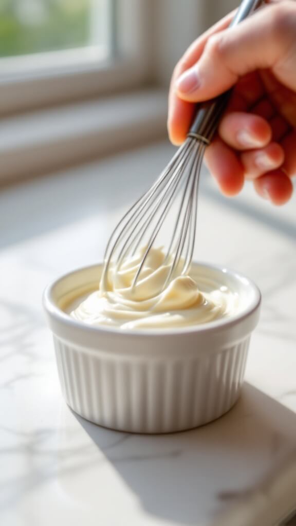 Quick &Amp; Easy 90-Second Keto Bread Recipe 4 Ingredients being whisked together in a ramekin with silver whisk, forming a smooth mixture under natural window light