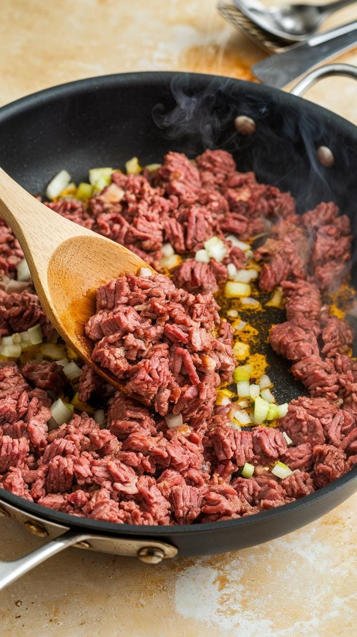 Wooden spoon stirring ground beef, diced onions, and aromatic spices in a sizzling pan.