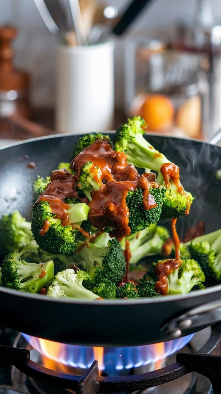 Tempeh And Broccoli Bowl: A Plant-Powered Protein Punch 8 Broccoli florets being stir-fried in a wok with a glossy sauce, steam rising from the pan.