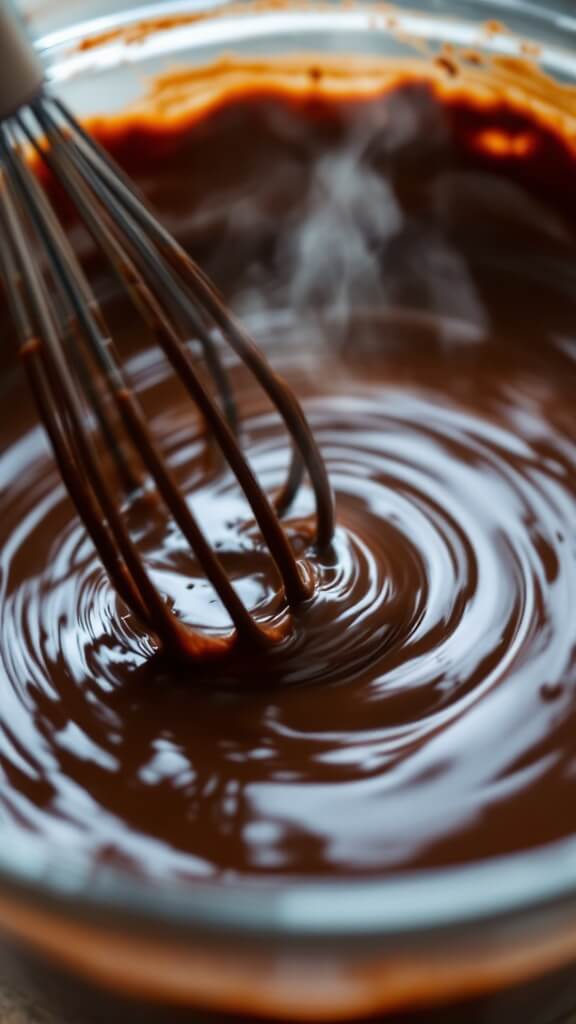 Melted chocolate and butter whisked together in a glass bowl, steam rising and light reflecting on its smooth, glossy surface
