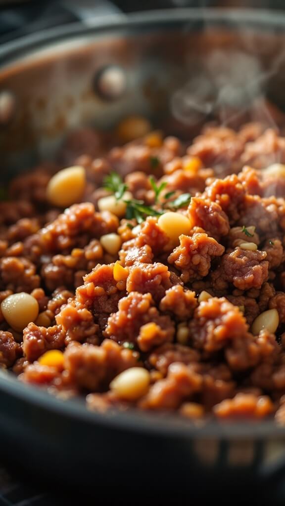 Browning ground beef in a skillet with visible caramelization and steam, minced garlic ready for addition, under warm lighting
