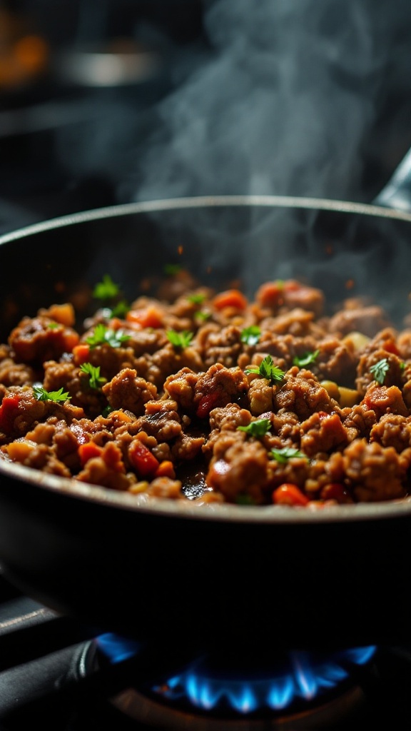Browning ground lamb in a cast iron skillet over a gas flame with caramelization and sizzling juices visible, moments before adding vegetables