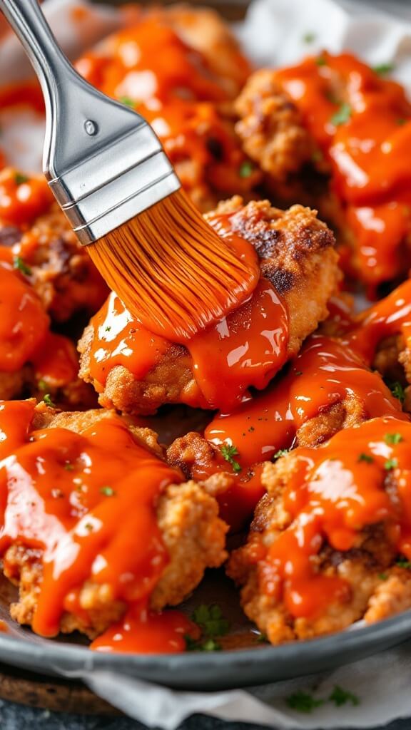 Crispy Buffalo Chicken Thighs (Oven-Baked &Amp; Foolproof) 7 Buffalo sauce being brushed onto crispy chicken thighs, with sauce dripping down the sides