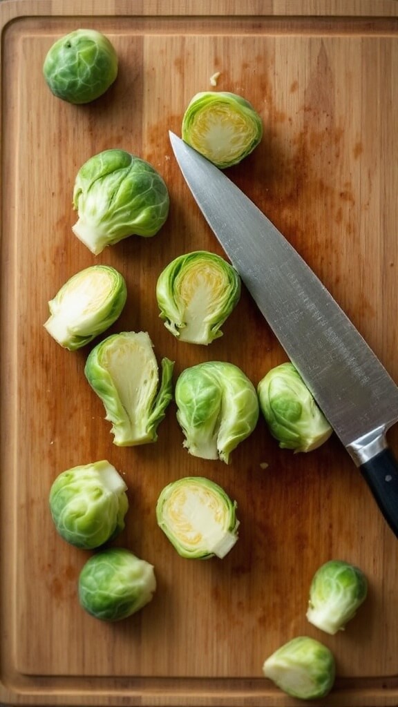 Perfect Roasted Brussels Sprouts 4 Overhead view of brussels sprouts being trimmed and halved on a wooden cutting board with a sharp knife