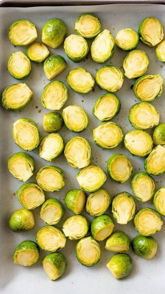 Perfect Roasted Brussels Sprouts 6 Overhead view of halved brussels sprouts spaced evenly on a parchment-lined baking sheet