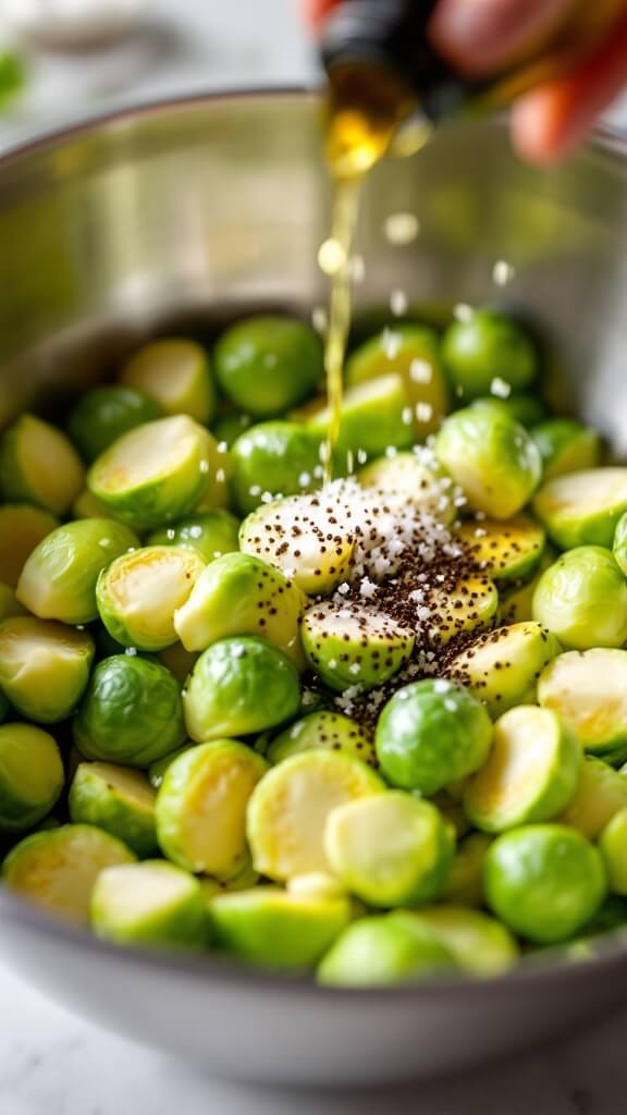 Perfect Roasted Brussels Sprouts 5 Brussels sprouts being tossed in stainless steel bowl with olive oil, sea salt, and black pepper