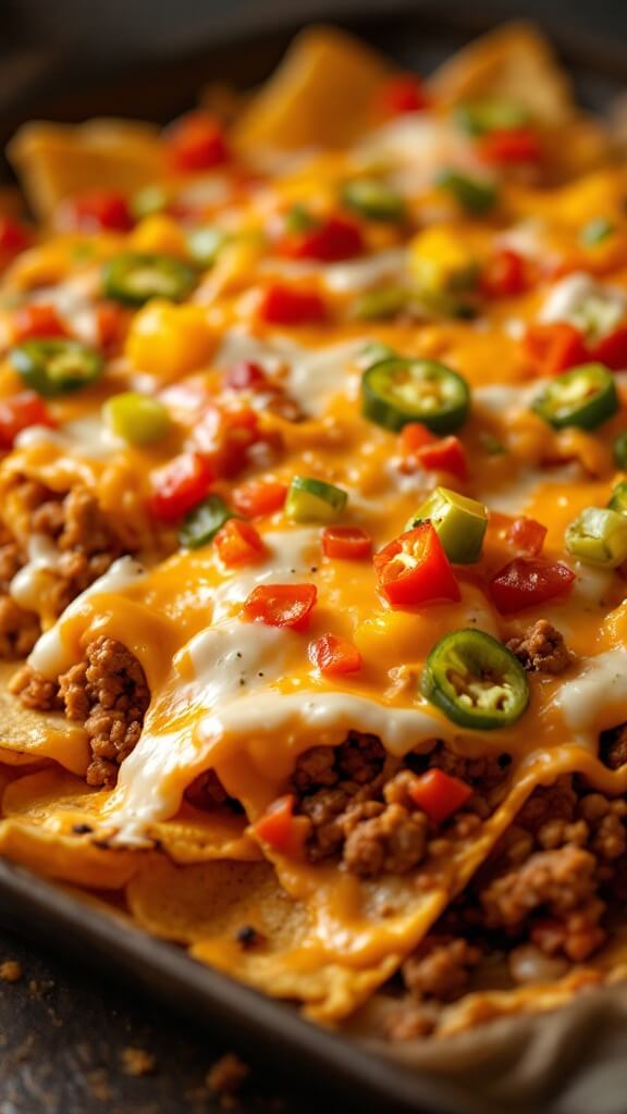Crispy Bell Pepper Nachos (Keto-Friendly, Gluten-Free) 8 Freshly baked nachos with melted cheese and slightly charred peppers on golden-brown meat crust.