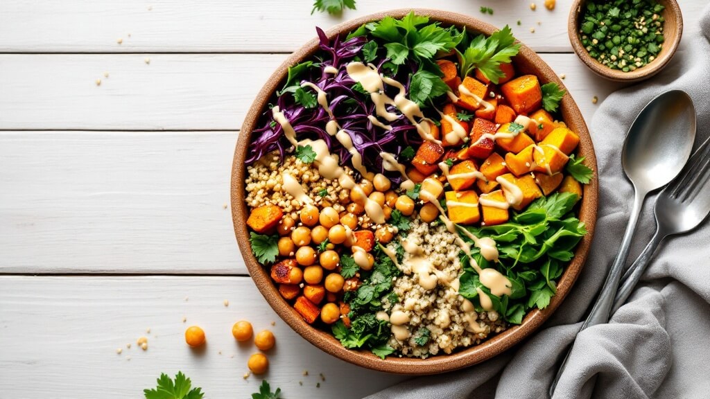 Vibrant Buddha Bowl With Sweet Potato &Amp; Tahini Drizzle 2 "overhead shot of a colorful buddha bowl in a rustic ceramic dish on a light wooden surface, featuring quinoa, roasted chickpeas, sweet potato cubes, fresh greens and tahini sauce, garnished with sesame seeds and fresh herbs, in natural lighting. "