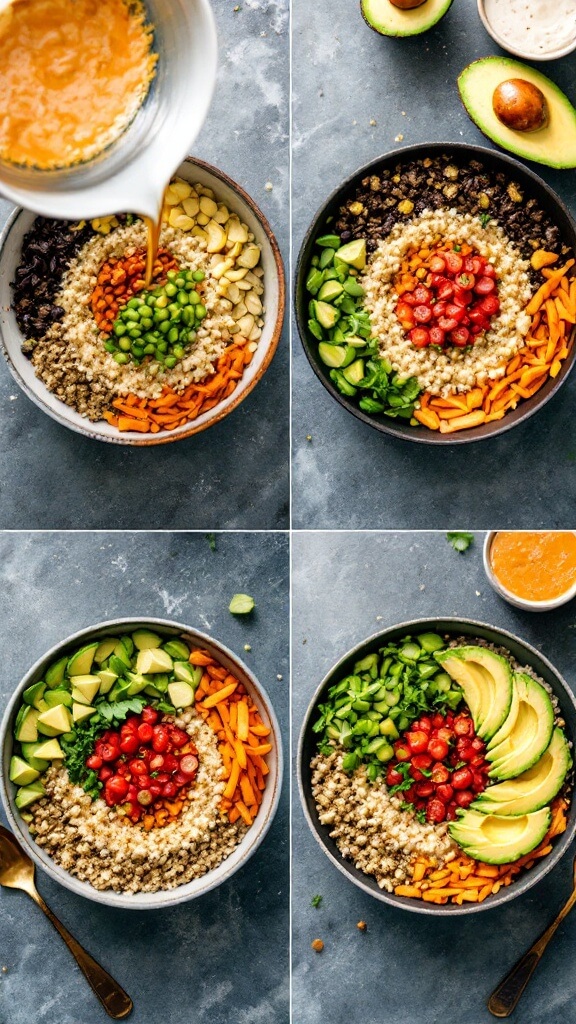 Vibrant Buddha Bowl With Sweet Potato &Amp; Tahini Drizzle 4 Cubed sweet potatoes and dried chickpeas tossed in olive oil and spices on a baking sheet