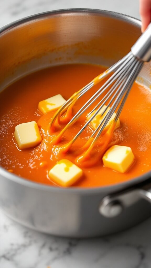 Crispy Buffalo Chicken Thighs (Oven-Baked &Amp; Foolproof) 6 Butter melting and blending with buffalo sauce in a stainless steel saucepan, forming a glossy orange sauce