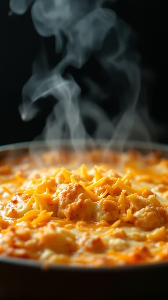 Steamy buffalo cauliflower dip with bubbling golden brown cheese and visible cauliflower bits