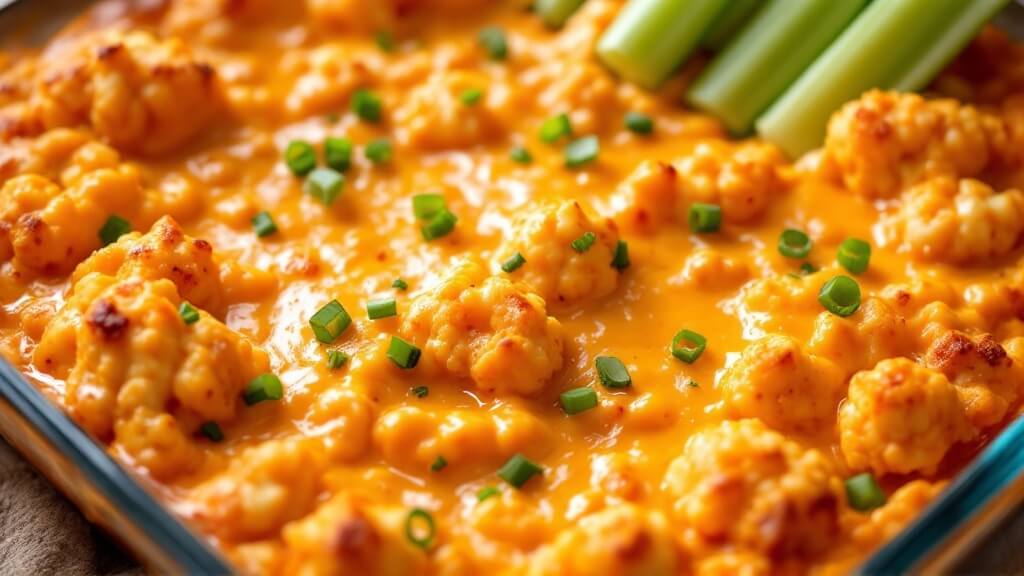"close-up of bubbling hot buffalo cauliflower dip in a glass dish with melted cheddar cheese, tender cauliflower pieces, vibrant buffalo sauce, steam rising, and garnished with green onions and celery sticks. "