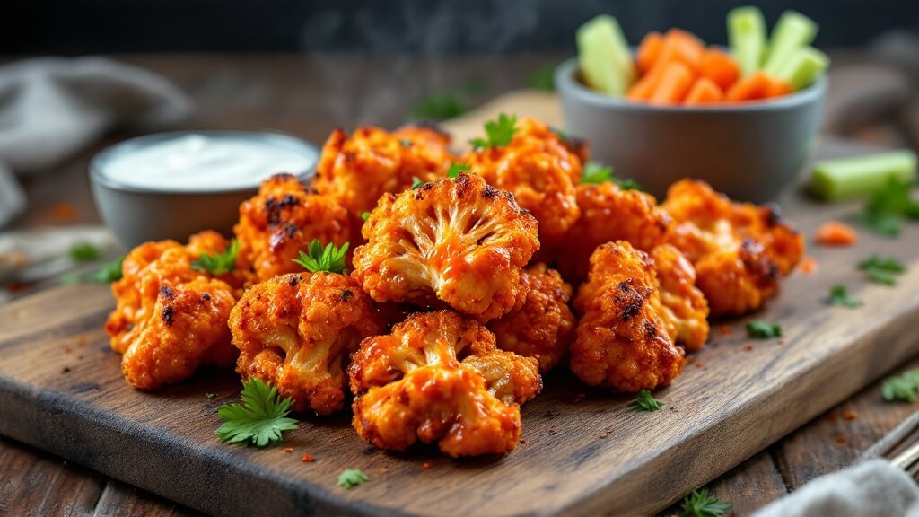 Crispy Cauliflower Buffalo Bites (Vegetarian, Easy Crowd-Pleaser) 2 "crispy buffalo cauliflower bites with charred edges on wooden board, alongside ranch dressing, celery, and carrot sticks, garnished with parsley"