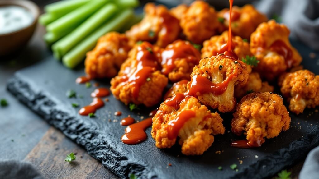 Crispy Cauliflower Wings (Vegan &Amp; Air Fryer/Oven Options) 2 "crispy golden-brown cauliflower wings with buffalo sauce on a rustic board, celery sticks and vegan ranch dressing, under natural lighting for professional food photography"
