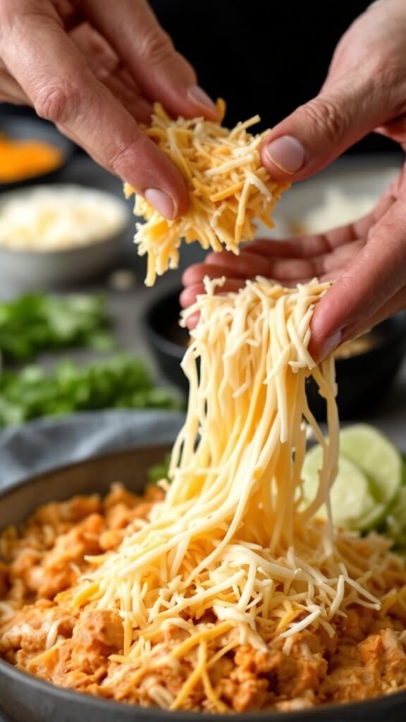 Keto Buffalo Chicken Dip (Easy, Low-Carb Party Favorite) 6 Hands mixing shredded mozzarella and cheddar cheese into buffalo chicken mixture, illustrating the cheese beginning to blend into the creamy base