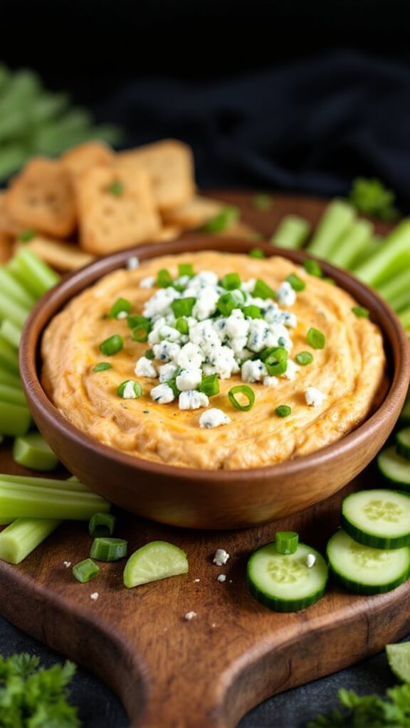 Keto Buffalo Chicken Dip (Easy, Low-Carb Party Favorite) 9 Hot dip with green onions and blue cheese garnish, served with celery and cucumber slices on a rustic wooden board