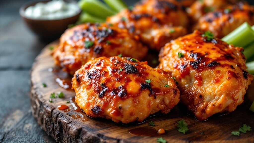 Crispy Buffalo Chicken Thighs (Oven-Baked &Amp; Foolproof) 2 "close-up shot of glazed buffalo chicken thighs on wooden platter with celery stalks and blue cheese dressing, under natural lighting. "