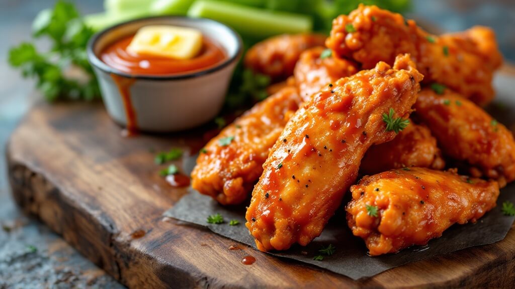 Crispy Keto Buffalo Wings (3 Ways) 2 "close-up of buffalo chicken wings with vibrant sauce on rustic wood, celery sticks and parsley in the background"