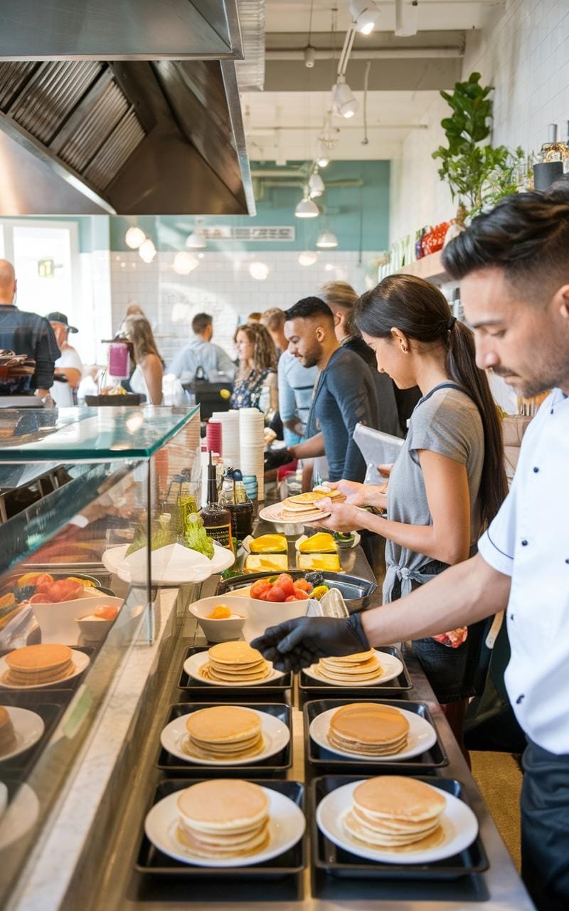 Bustling cafe interior with a chef making protein pancakes in an open kitchen as health-conscious patrons watch and wait for their meals.