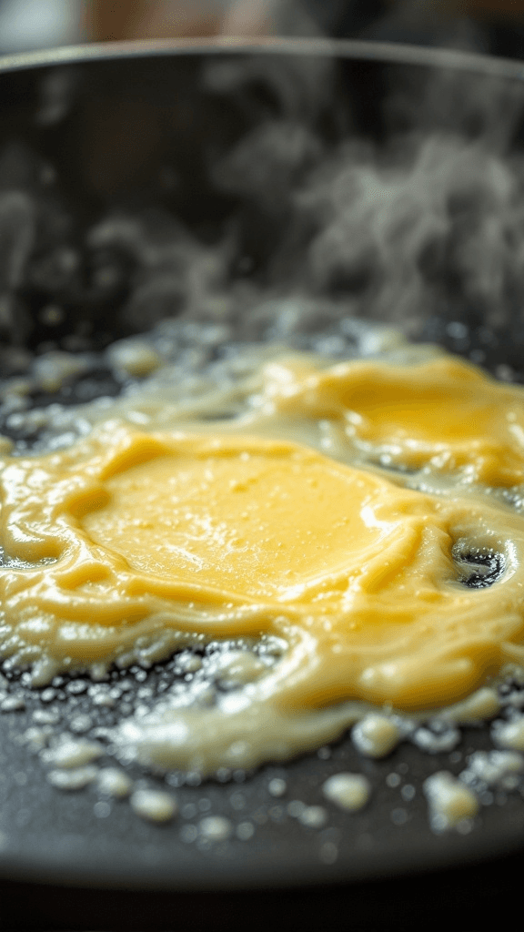 Sizzling butter melting in a non-stick pan with gentle steam rising, illuminated by soft natural kitchen light.
