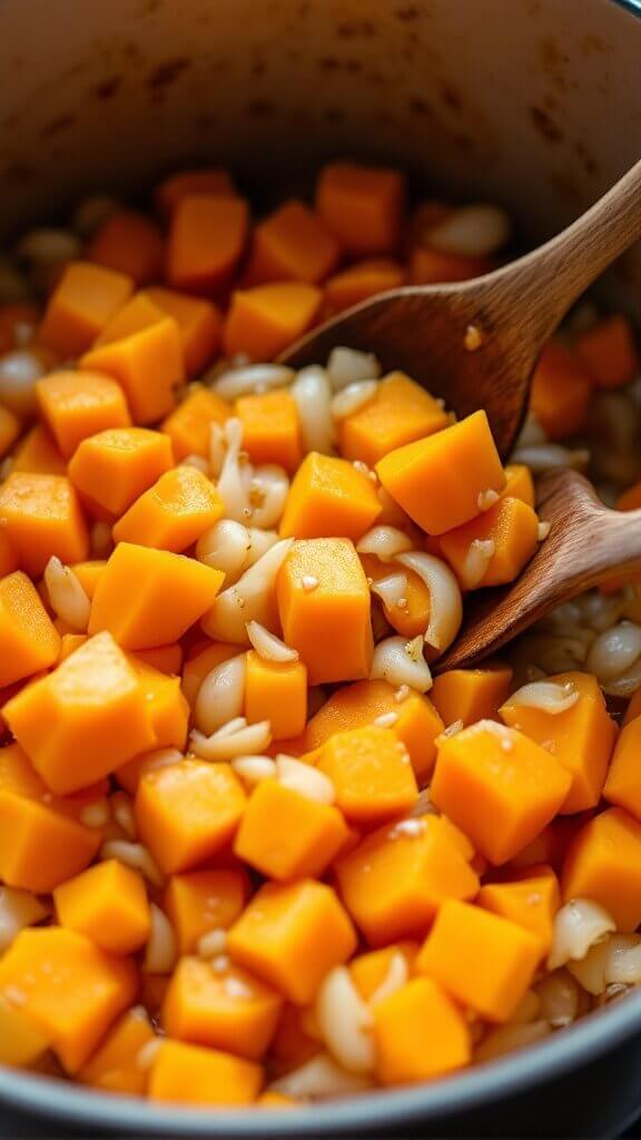 Cubed butternut squash and onions being cooked in a dutch oven with warm lighting