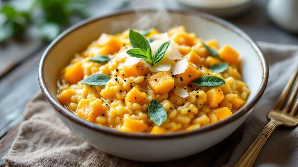 "steamy butternut squash risotto in a rustic white bowl garnished with fresh sage, parmesan shavings, drizzle of olive oil, and black pepper on a weathered wooden surface. "