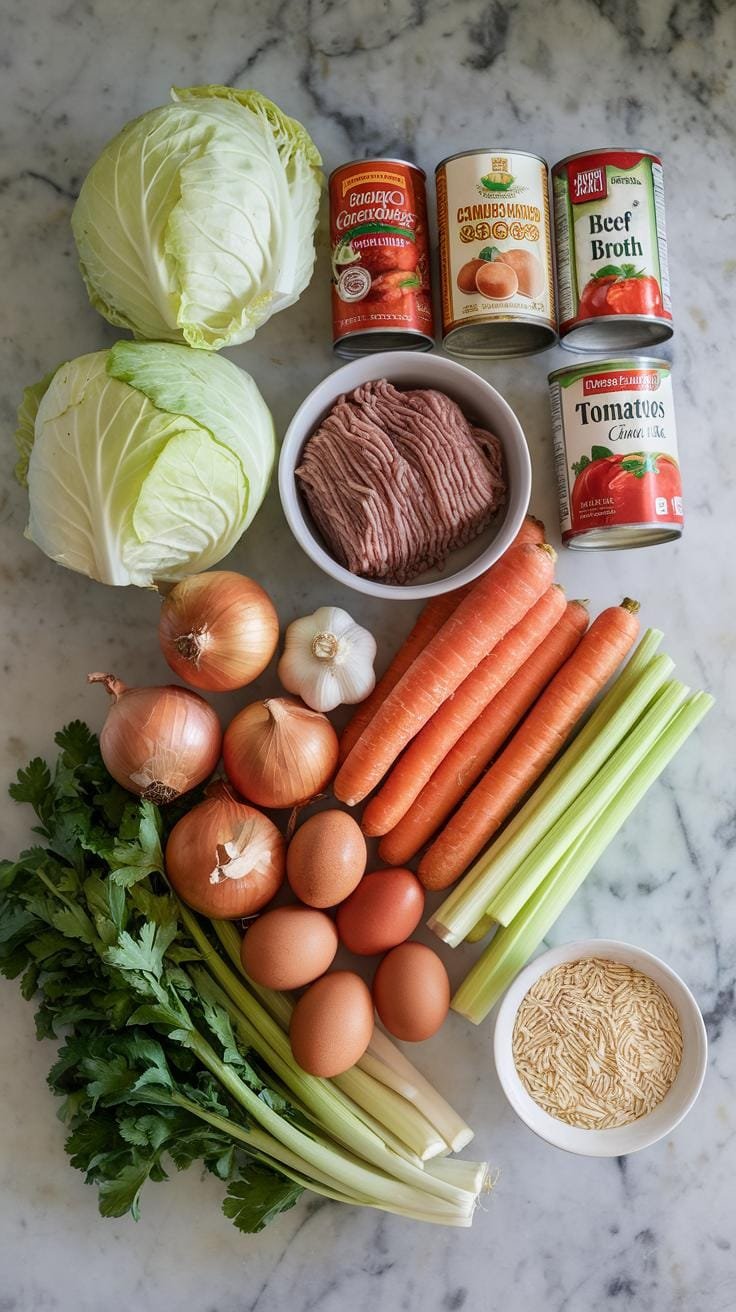Overhead view of fresh ingredients for cabbage roll soup, including cabbage, ground meat, onions, carrots, tomatoes, rice, garlic, and spices, arranged on a marble countertop.